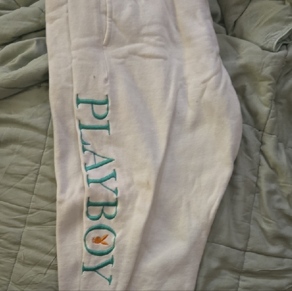 PLAYBOY Men's Cream Joggers with Green Lettering